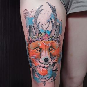Fox tattoo by Tobias Burchert. #TobiasBurchert #traditionalartstyle #softpastel #contemporary #sketch #fox