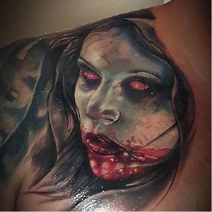 Infected woman portrait tattoo by Ron Russo. #RonRusso #colorrealism #horror #gruesome #bloody #macabre #zombie #portrait