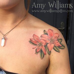 Color realism rhododendron tattoo by Amy Williams. #flower #botanical #rhododendron #realism #colorrealism #AmyWilliams
