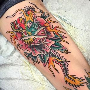 Dragon Flower tattoo by Gregory Whitehead @Greggletron #GregoryWhitehead #Gregorywhiteheadtattoo #Oddtattoos #Neotraditional #Neotraditionaltattoo #ScapegoatTattoo #Portland #Dragon #Flower