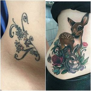 Cover up tattoo by Abbie Williams. #AbbieWiliiams #bambi #fawn #rabbit #bunny #neotraditional #coverup