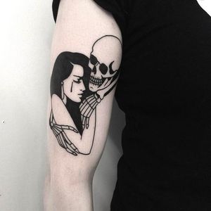 Pin-up and Skeleton Tattoo by Johnny Gloom @JohnnyGloom #JohnnyGloom #Black #Blackwork #BlackTattoo #Paris #Pinup #Girl #Skeleton #skull