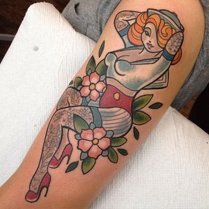 Tattooed Sailor Girl Tattoo by Dawnii Fantana #sailorgirl #sailorgirltattoo #tattooedsailorgirl #tattooedsailorgirltattoo #tattoosintattoos #traditional #nautical #pinup #DawniiFantana