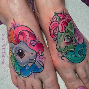 Cute and colorful ponies on the feet by Sam Whitehead @Samwhiteheadtattoos #Samwhiteheadtattoos #Colorful #Girly #Girlytattoo #Neotraditional  #Blindeyetattoocompany #Leeds #UK #pony #unicorn