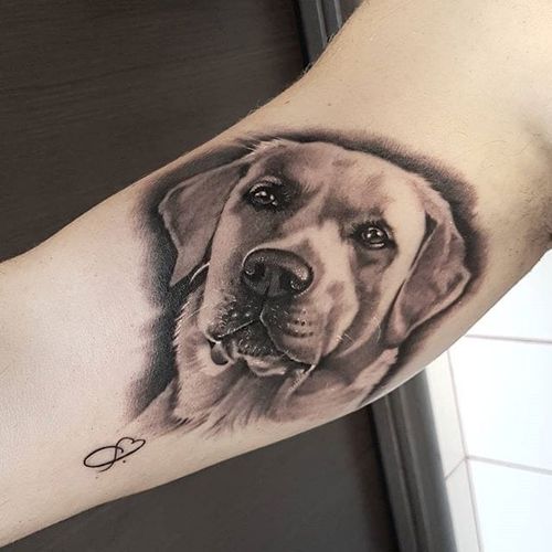 Black and grey labrador portrait tattoo by Paolo Sellani. #realism #blackandgrey #petportrait #dog #labrador #PaoloSellani