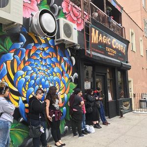 Customers line up for a Friday the 13th flash event at Magic Cobra (via IG-magiccobratattoo) #flash #flashart #flashevent #halloween #magiccobra #halloweenflash #newyork