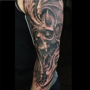 Evil tattoo by Josh Duffy #JoshDuffy #blackandgrey #realistic #horror #bioorganic #skull