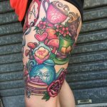 Alice in Wonderland work in progress leg piece by Sami Locke. #traditional #neotraditional #AliceinWonderland #WIP #teapot #teacup #roses #flowers #SamiLocke
