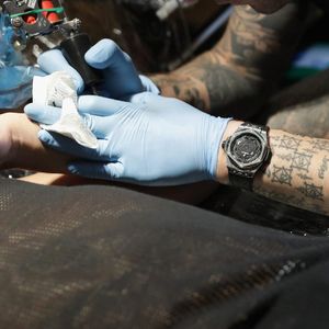 Maxime Buchi at work wearing the Big BangxSang Bleu (via hublot.com) #watch #fashion #tattooinspired #luxuryfashion #hublot #maximebuchi