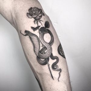 Snake and rose by Nathan Kostechko #NathanKostechko #blackandgrey #realism #realistic #oldschool #illustrative #rose #snake #reptile #flower #linework #dotwork #leaves #tattoooftheday