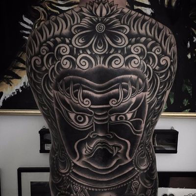 The immovable wisdom king: Fudo Myo-o by Luca Polini #lucapolini #fudomyoo #blackwork #blackandgrey #Japanese #buddhism #lotus #fire #tattoooftheday