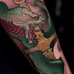 Snake and sword by Renan Batista #RenanBatista #Japanese #traditional #neotraditional #mashup #color #sword #scales #fangs #reptile #jewels #gold #tattoooftheday