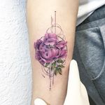 Peony tattoo by Eva Krbdk #EvaKrbdk #flowertattoos #color #realism #realistic #watercolor #peony #leaves #flower #floral #nature #linework #fineline #dotwork #shapes #abstract