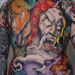 Evil wizard WIP tattoo by Peter Lagergren #PeterLagergren #darkarttattoos #color #neotraditional #wizard #magic #symbols #dragon #fire #scales #skulls #death #evil #smoke #stars #waves #tattoooftheday