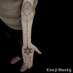 Tattoo by Kenji Alucky, photo from Kenji's Instagram @black_ink_power #geometric #blackwork #tribal #patternwork #mandala #blckwrk #dotwork #dotshading #dotshade