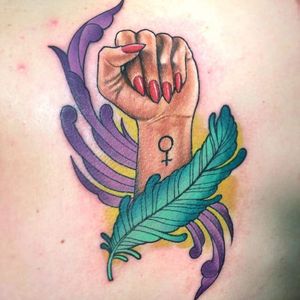 Awesome feminist tattoo by Megan Massacre #meganmassacre #raisedfist #feminism #feministtattoo #femalesign #bold #boldlines