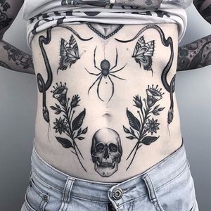 Stomach tattoos by Jordy Hooper #JordyHooper #blackandgrey #oldschool #traditional #realistic #realism #mashup #stomachpiece #snake #spider #spiderweb #flowers #leaves #skull #death #butterfly #tattoooftheday