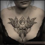 Beautiful chest tattoo by Nazar Butkovski #NazarButkovski #engraving #blackwork #science #moon #geometric #flower