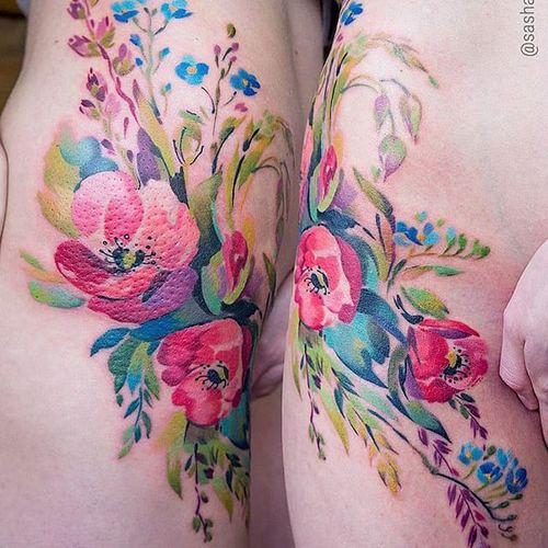 Floral Bouquet by Sasha Marsh (via IG-sasha_rdrvn) #tattooartist #artist #watercolor #color #flowers #SashaMarsh