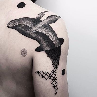 Whale of a time by Matteo Nangeroni #MatteoNangeroni #blackwork #linework #dotwork #geometric #realistic #whale #oceanlife #circles #ocean #pattern #mashup #tattoooftheday