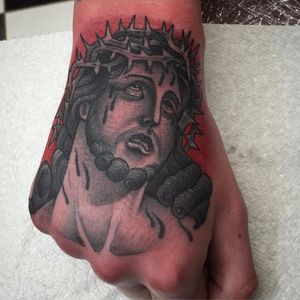Sad Jesus by Ross Nagle #RossNagle #jesus #religious #thorns #tears #traditional #blackandgrey #tattoooftheday