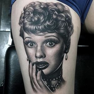 Lucille Ball tattoo by Aaron Peters. #blackandgrey #actress #vintage #portrait #LucilleBall
