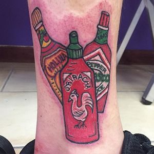 Hot sauce threesome: when one hot sauce is not enough. Tattoo by Lauren Caldwell. #sriracha #cholula #tobasco #hotsauce #LaurenCaldwell