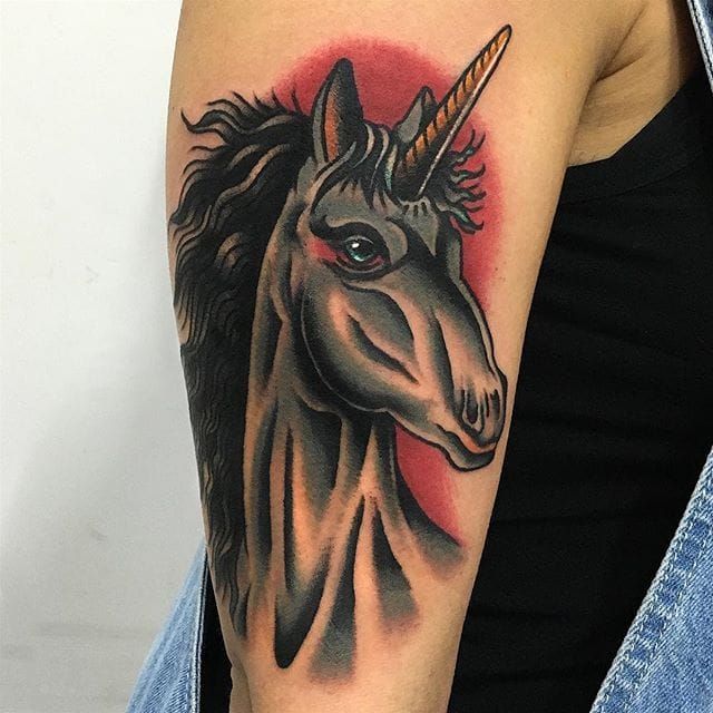 Antonio Roque  Unicorn tattoos Traditional tattoo unicorn Leg tattoos