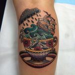 Storm in a teacup tattoo by Carlin Dacheff. #storminateacup #cloud #storm #teacup #tea #cup #wave #traditional #ship