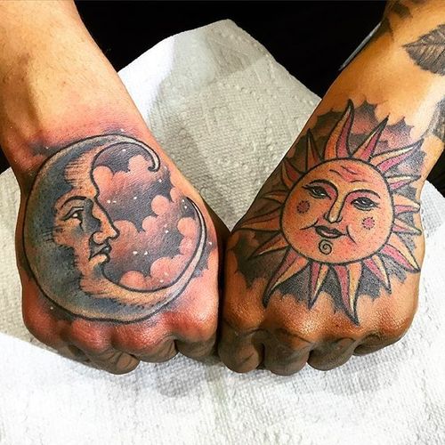 Colorful moon and sun tattoos by Romeo Lacoste #moon #sun #hand #handtattoo #RomeoLacoste