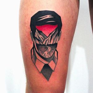 Faceless man and landscape tattoo by @maradentattoo #maradentattoo #black #red #blackandredtattoo #oddtattoos #faceless #nature #landscape