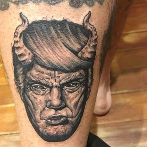 Trump devil portrait tattoo by Seona Stewart #SeonaStewart #trump #donaldtrump #blackandgrey #fucktrump