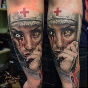 Evil nurse tattoo by Sergey Shanko #SergeyShanko #realistic #photorealistic #portrait #nurse