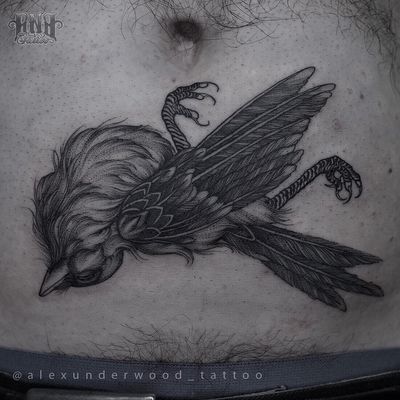 Dead bird tattoo by Alex Underwood #AlexUnderwood #darkarttattoos #blackwork #linework #illustrative #bird #feathers #wings #corpse #death #nature #tattoooftheday