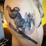 Jackalope Tattoo by Ian Bederman #animaltattoo #traditionalanimal #traditional #quirkytattoos #IanBederman #Jackalope #rabbit #antlers