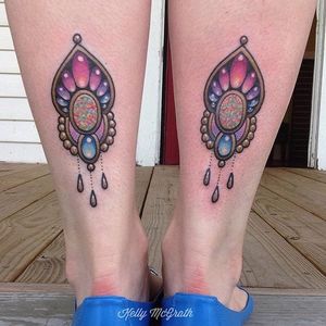 A pair of matching opalescent tattoos by Kelly McGrath (IG—kellymcgrathart). #colorful #gemstones #jewelry #KellyMcGrath #ornamental