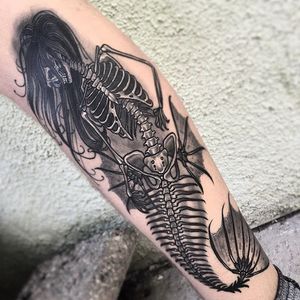 Mermaid Skeleton Tattoo by Derek Livezey #mermaid #skeleton #mermaidskeleton #blackworkmermaid #blackwork #blackink #darkart #DerekLivezey