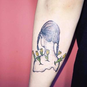 Girl with flowers growing in her tattoo by Kim Michey. #KimMichey #HIMIGHI #pop #conceptual #poetic #contemporary #girl #flowers #depression
