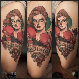 Boxer tattoo by Santi Bord #SantiBord #neotraditional #floral #boxer #boxergirl #boxinggloves #boxinggirl #boxing