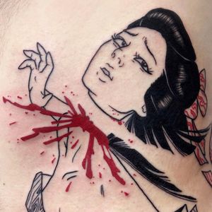Namakubi tattoo by Silly Jane #SillyJane #blackfill #redink #blood #bloodsplatter #namakubi #linework #ladyhead #lady #portrait #Japanese #newtraditional #mashup #manga #graphic #darkart