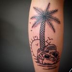 Quirky skull and palm tree tattoo by Kerry Burke #KerryBurke #blackwork #blacktattoo #darkartists #skull #palmtree