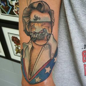 A trippy portrait of Evel Knievel by Stephen Monnet (IG—monnet_tattoo). #EvelKnievel #neotraditional #portraiture #surreal #StephenMonnet