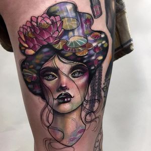 Lady of the Lake by Hannah Flowers #HannahFlowers #neotraditional #color #ladyhead #lady #lake #water #nature #lilypad #lily #lotus #flowers #Artnouveau #tattoooftheday