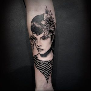 Pretty tattoo by Oked #Oked #blackwork #surrealistic #portrait