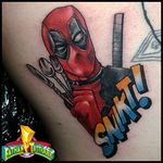 Deadpool poking fun at Wolverine. Tattoo by Eathan Langford. #neotraditional #traditional #Deadpool #comic #comicbook #snikt #Wolverine #EathanLangford #popculture