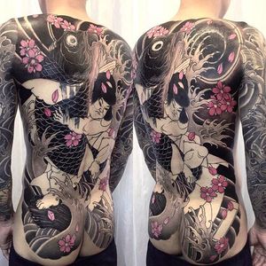 Stunning Kentaro and Koi back tattoo in the works, tattoo by Jun Teppei. #junteppei #koi #kentaro #japanesetattoo #horimono #sakura #backpiece #bodysuit