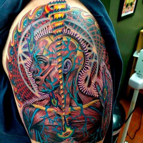 Tattoo inspired by the Lateralus album illustrated by Alex Grey. Photo from Tumblr by unknown artist #Tool #AlexGrey #progressivemetal #albumcover #lateralus #bandtattoo