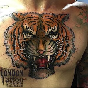 Neo traditional tiger chest tattoo by Federico Ferroni. #neotraditional #tiger #bigcat #FedericoFerroni