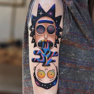 Rick and Morty tattoo by David Peyote #DavidPeyote #color #besttattoos #surreal #rickandmorty #vomit #tvtattoo #tvshow #galaxy #stars #trippy #psychedelic #portrait #adultswim #tattoooftheday