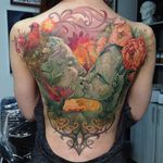 Tattoo by Dmitriy Samohin #DmitriySamohin #selftaughttattooartists #backpiece #portrait #birds #flowers #peonys #filigree #painterly #nest #nature #kiss #lovers #love